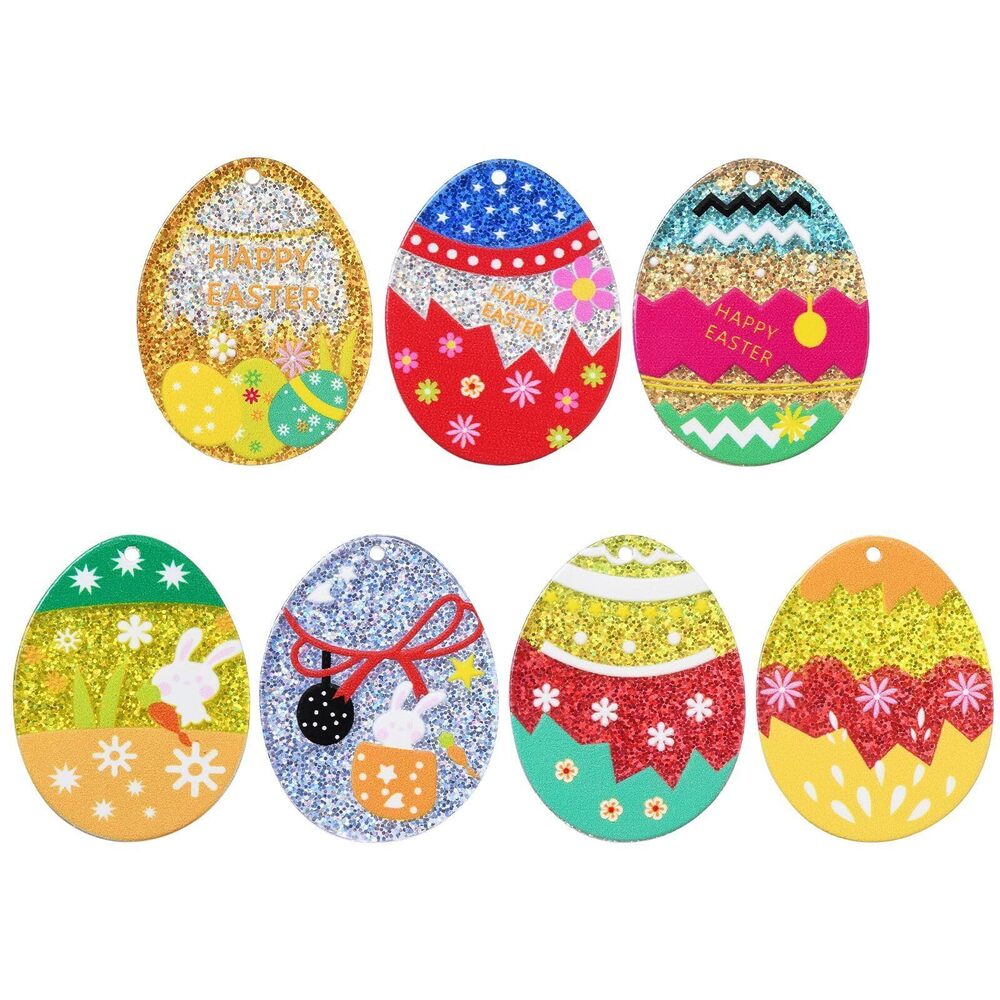 1126 14 Pcs Acrylic Easter Egg Bunny Pendant Charms with Glitter Powder